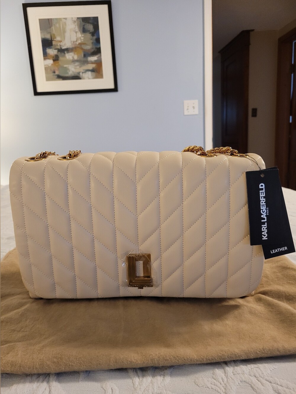 Karl Lagerfeld Quilted Large Layfayette Leather Shoulder Bag with Gold Chain